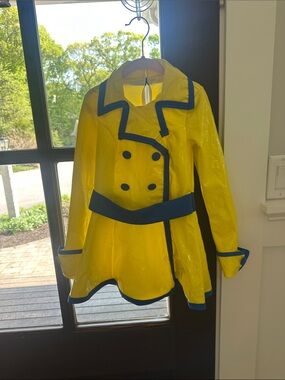 Yellow Patent Trench Coat with Navy Trim